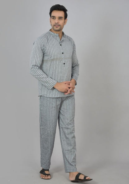 Men Cotton Stripe Co-ord Set Gray White-48588