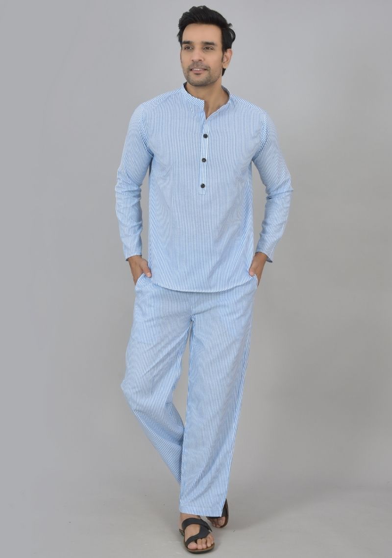 Men Cotton Stripe Co-ord Set Sky Blue White-48589