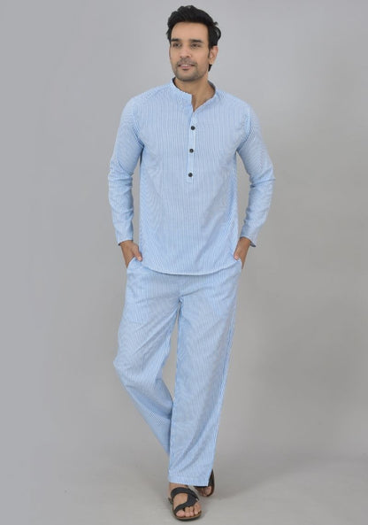 Men Cotton Stripe Co-ord Set Sky Blue White-48589