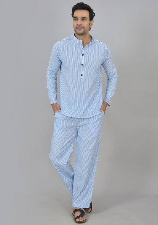 Men Cotton Stripe Co-ord Set Sky Blue White-48589