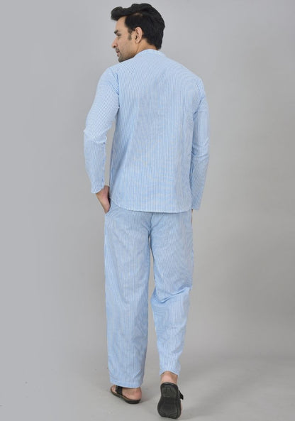 Men Cotton Stripe Co-ord Set Sky Blue White-48589