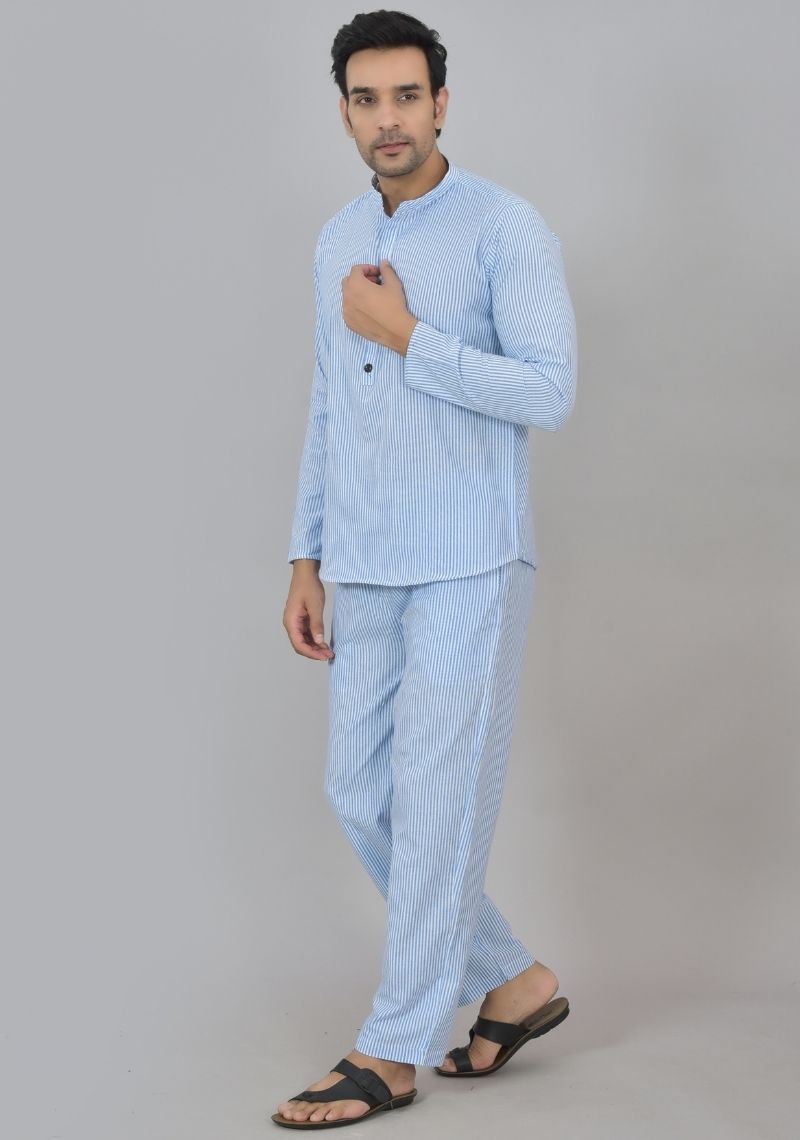 Men Cotton Stripe Co-ord Set Sky Blue White-48589