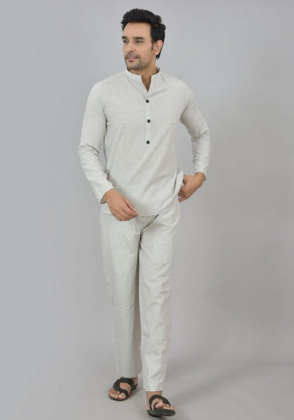 Men Cotton Stripe Co-ord Set White Black-48593