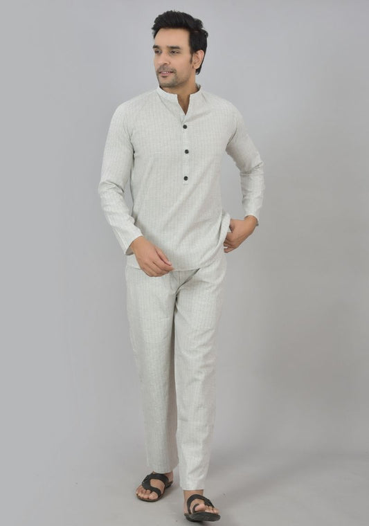 Men Cotton Stripe Co-ord Set White Black-48593