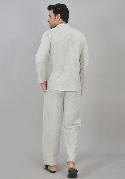 Men Cotton Stripe Co-ord Set White Black-48593