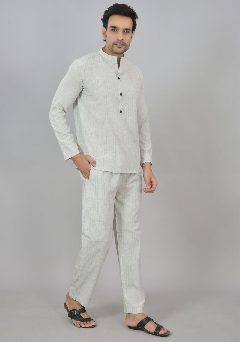 Men Cotton Stripe Co-ord Set White Black-48593