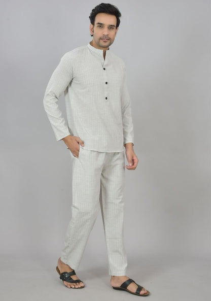 Men Cotton Stripe Co-ord Set White Black-48593