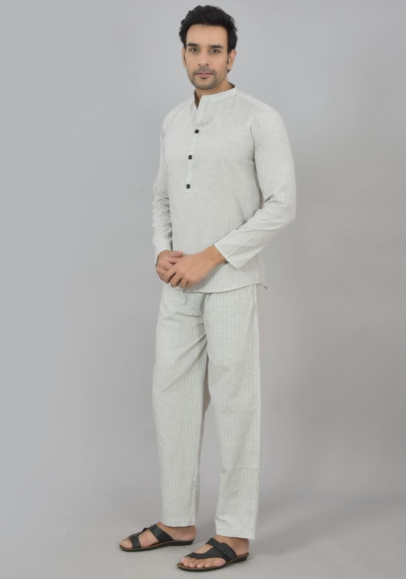Men Cotton Stripe Co-ord Set White Black-48593