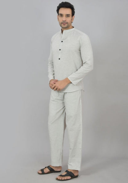 Men Cotton Stripe Co-ord Set White Black-48593