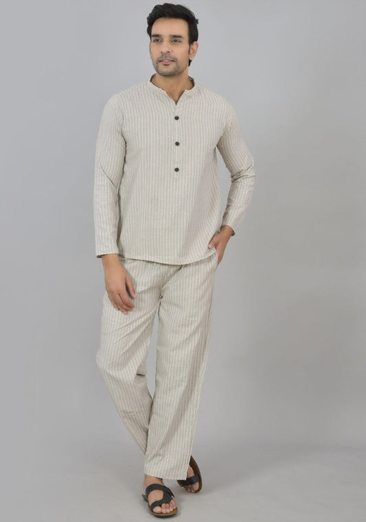 Men Cotton Stripe Co-ord Set Cream Black-48595