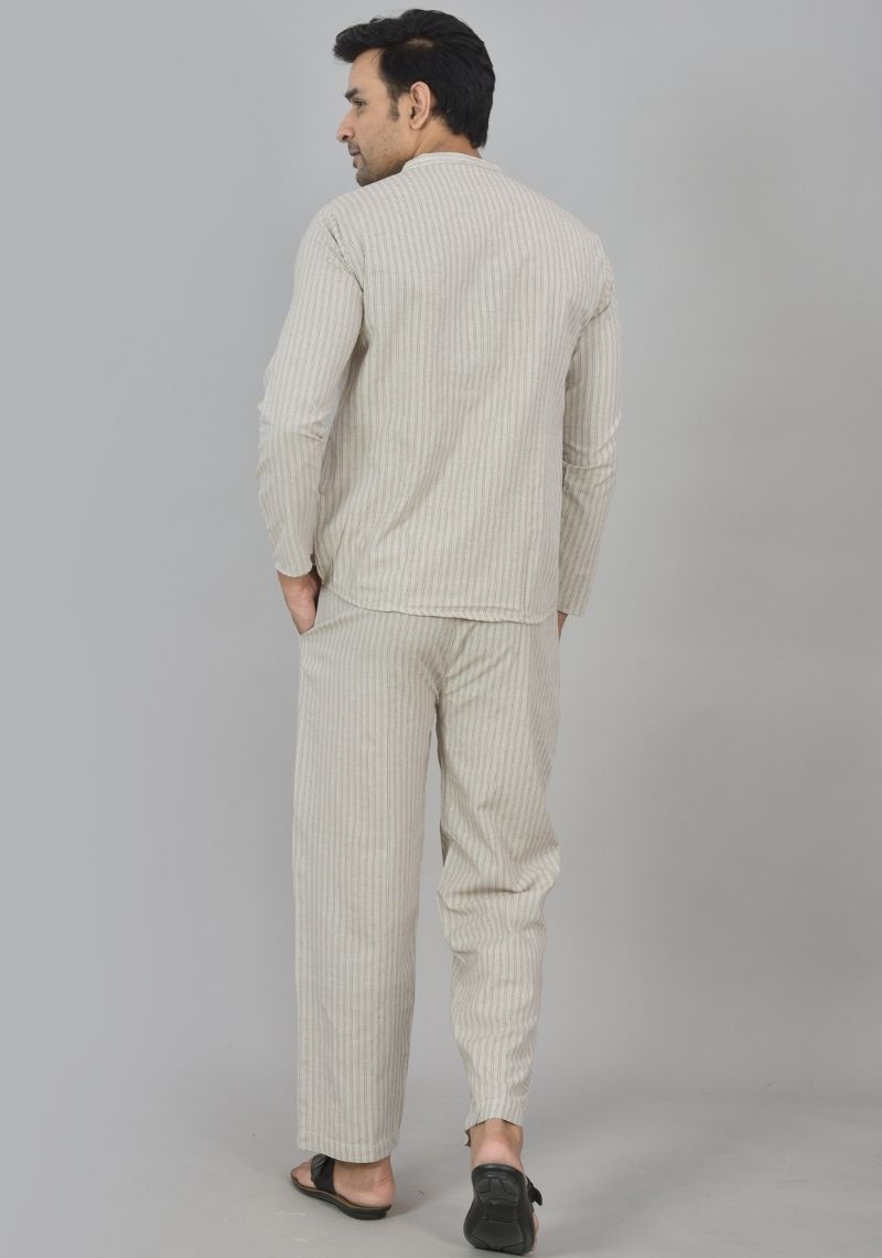 Men Cotton Stripe Co-ord Set Cream Black-48595