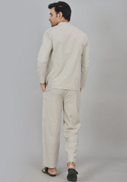 Men Cotton Stripe Co-ord Set Cream Black-48595
