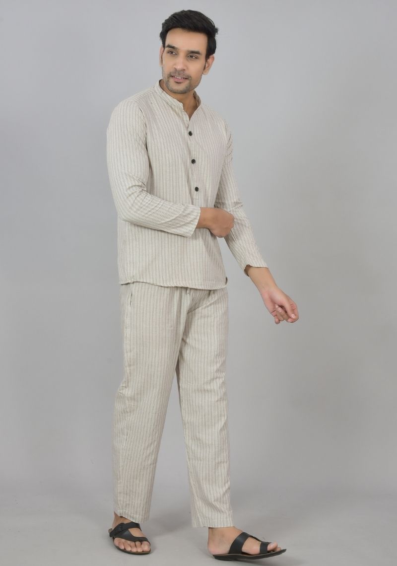 Men Cotton Stripe Co-ord Set Cream Black-48595