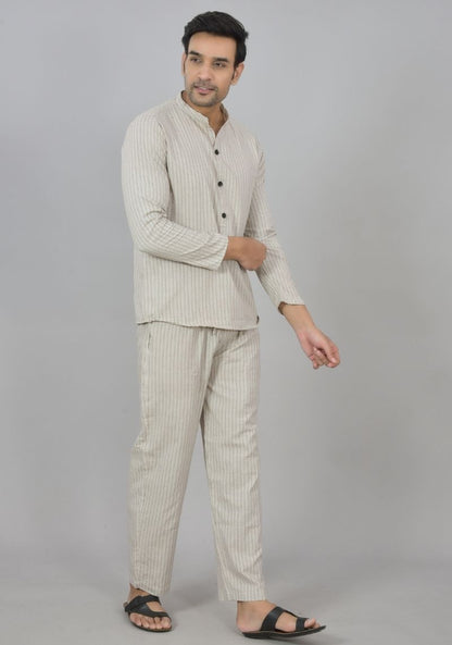 Men Cotton Stripe Co-ord Set Cream Black-48595