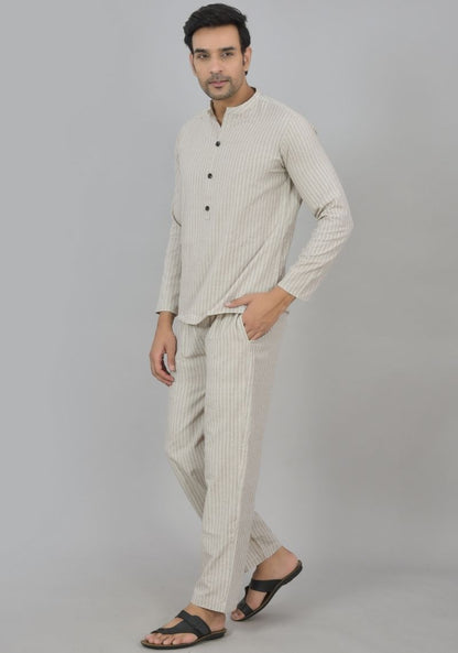 Men Cotton Stripe Co-ord Set Cream Black-48595