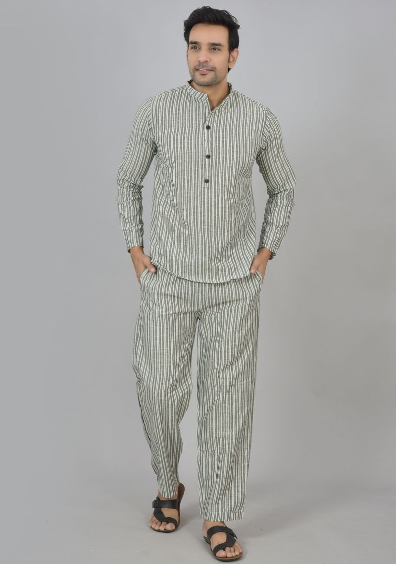 Men Cotton Stripe Co-ord Set Gray White-48596