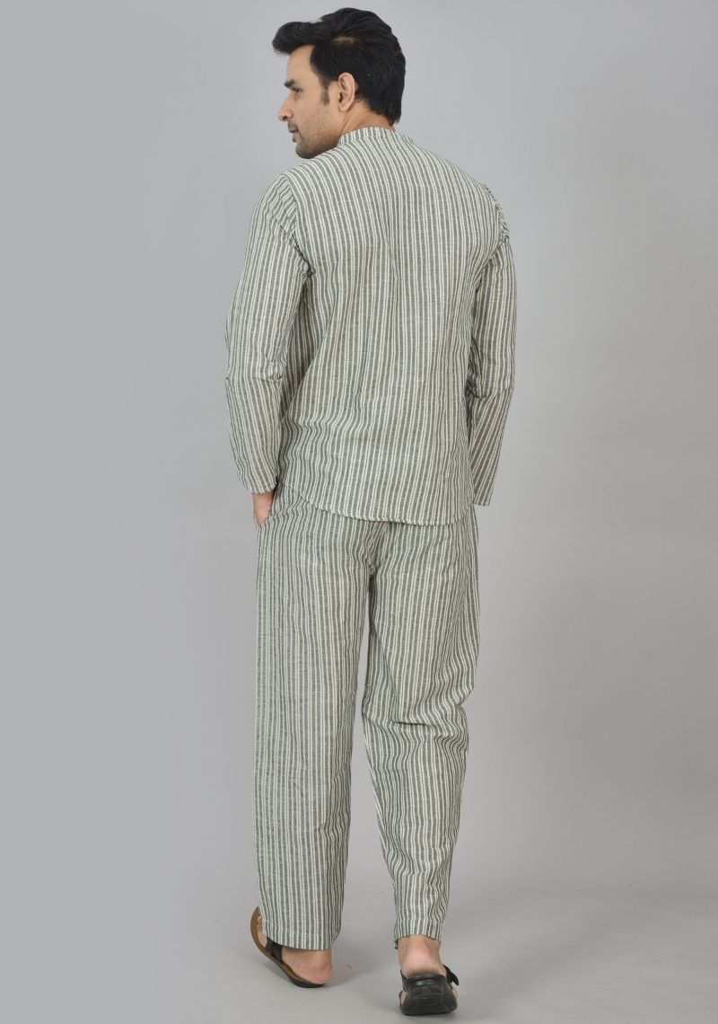 Men Cotton Stripe Co-ord Set Gray White-48596