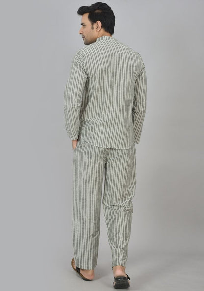Men Cotton Stripe Co-ord Set Gray White-48596