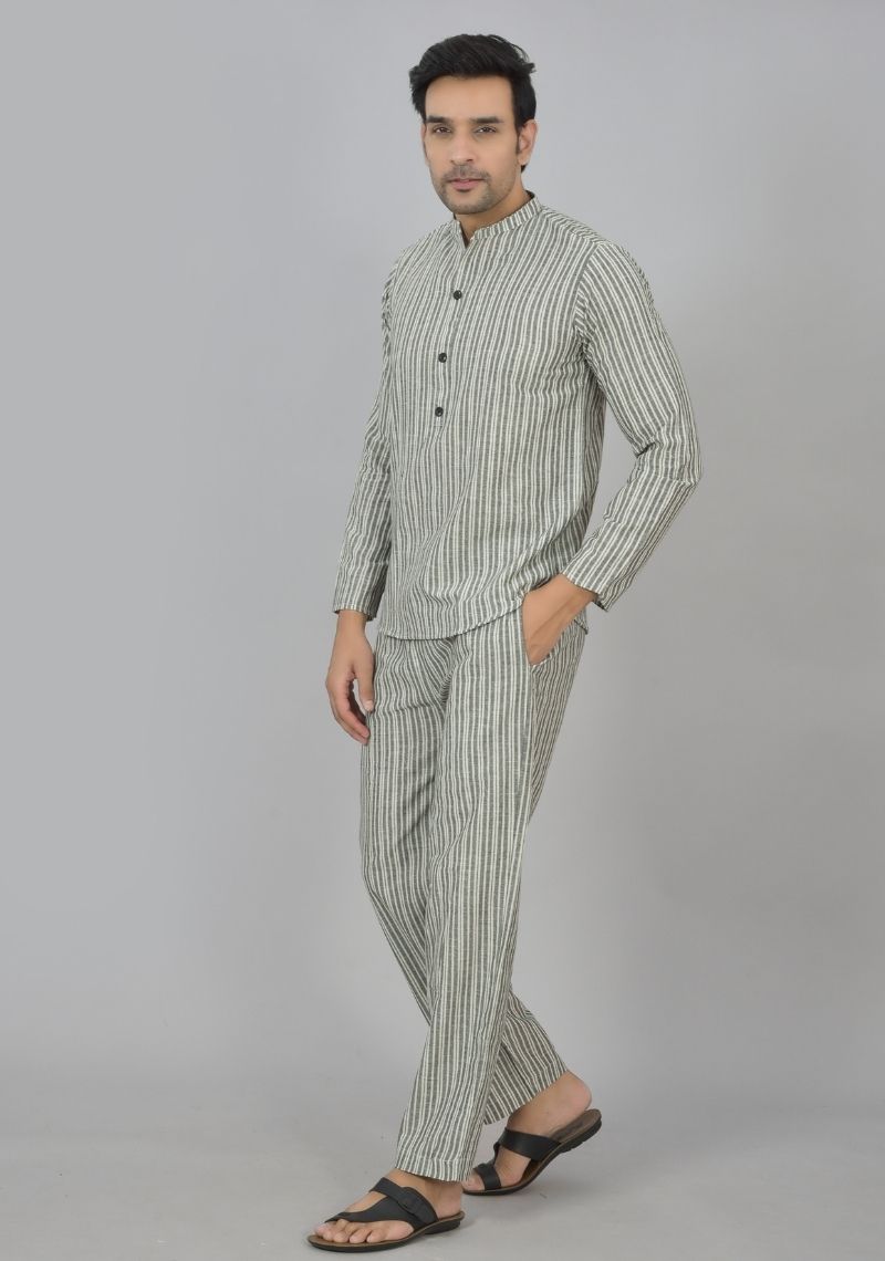 Men Cotton Stripe Co-ord Set Gray White-48596