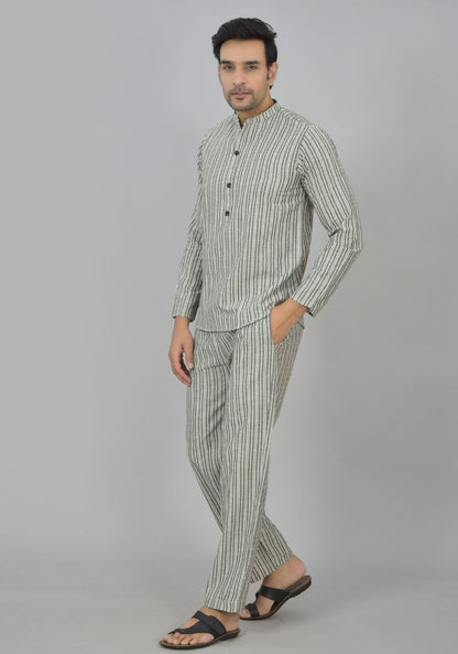 Men Cotton Stripe Co-ord Set Gray White-48596