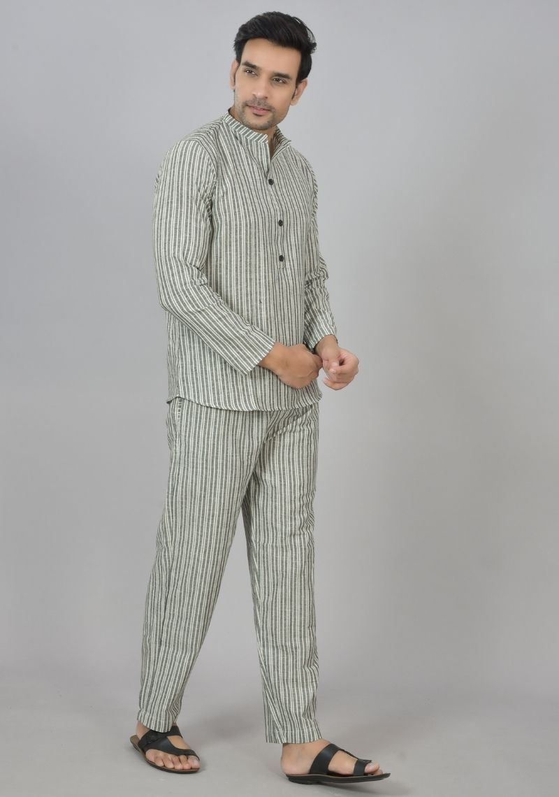 Men Cotton Stripe Co-ord Set Gray White-48596
