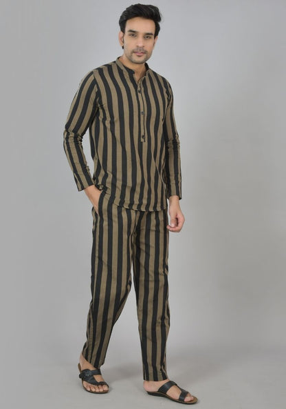 Men Cotton Stripe Co-ord Set Black Brown-48598