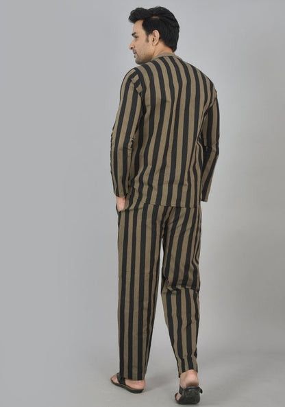 Men Cotton Stripe Co-ord Set Black Brown-48598