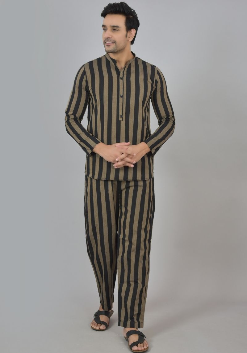 Men Cotton Stripe Co-ord Set Black Brown-48598