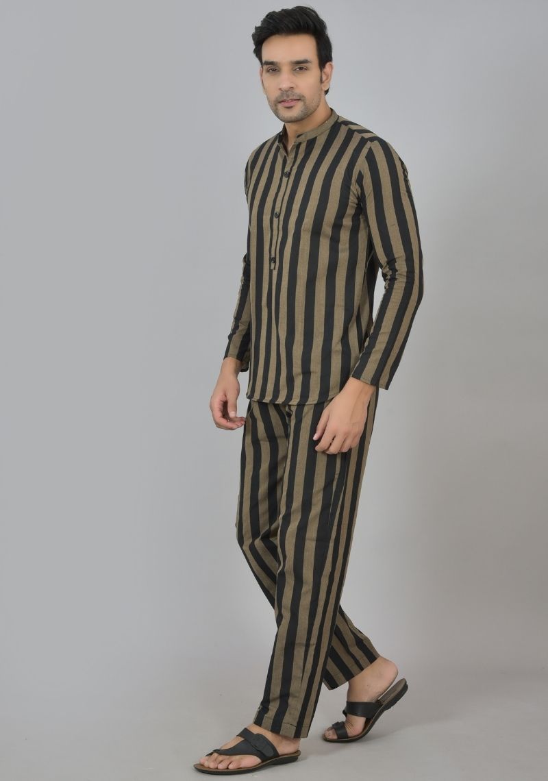 Men Cotton Stripe Co-ord Set Black Brown-48598
