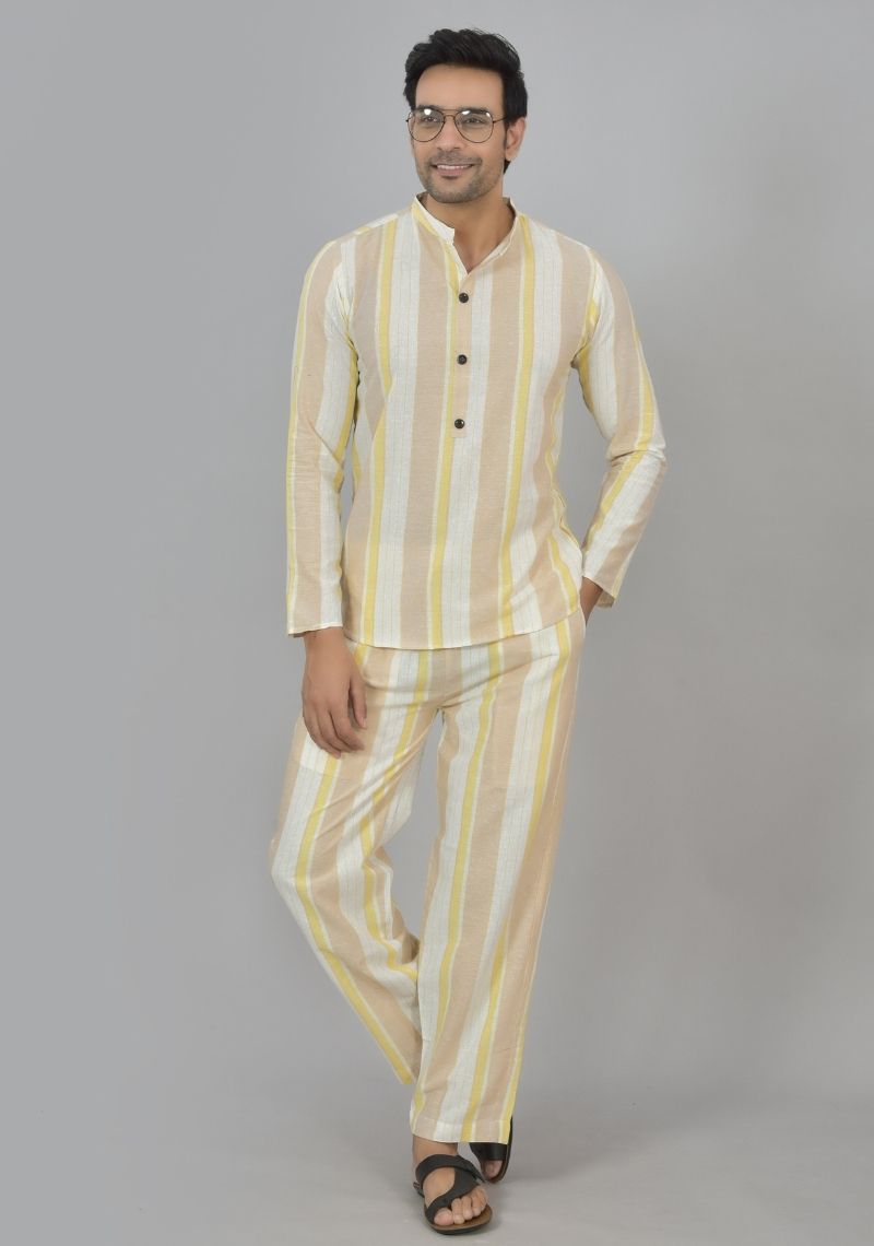 Men Cotton Stripe Co-ord Set White Yellow-48599