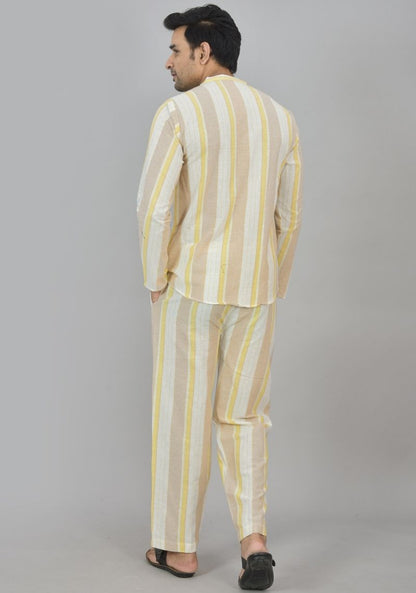Men Cotton Stripe Co-ord Set White Yellow-48599