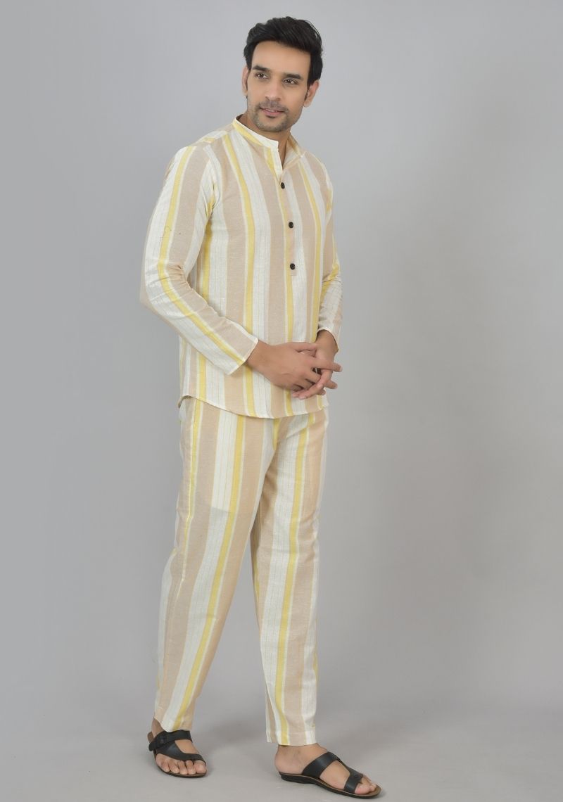 Men Cotton Stripe Co-ord Set White Yellow-48599
