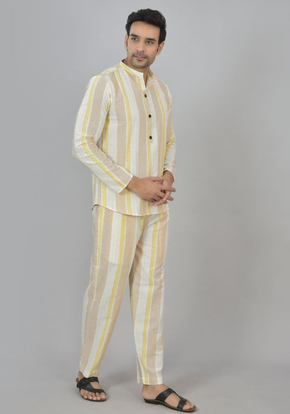 Men Cotton Stripe Co-ord Set White Yellow-48599