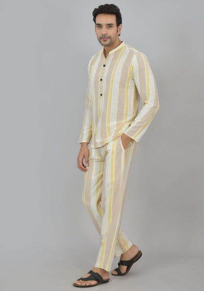 Men Cotton Stripe Co-ord Set White Yellow-48599