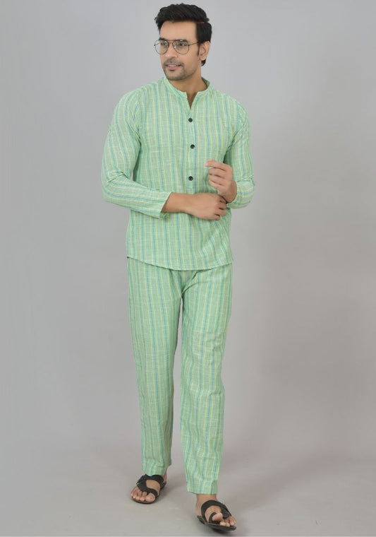 Men Cotton Stripe Co-ord Set Green White-48601