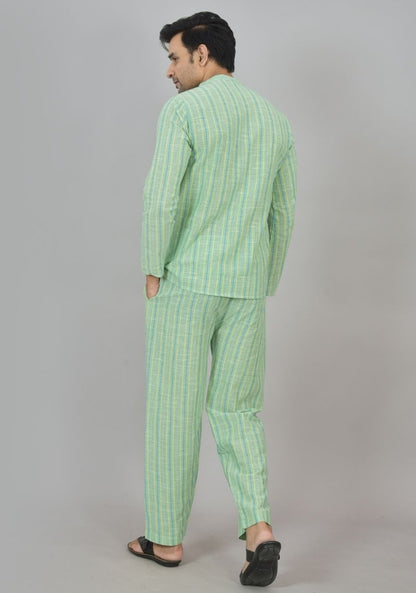 Men Cotton Stripe Co-ord Set Green White-48601