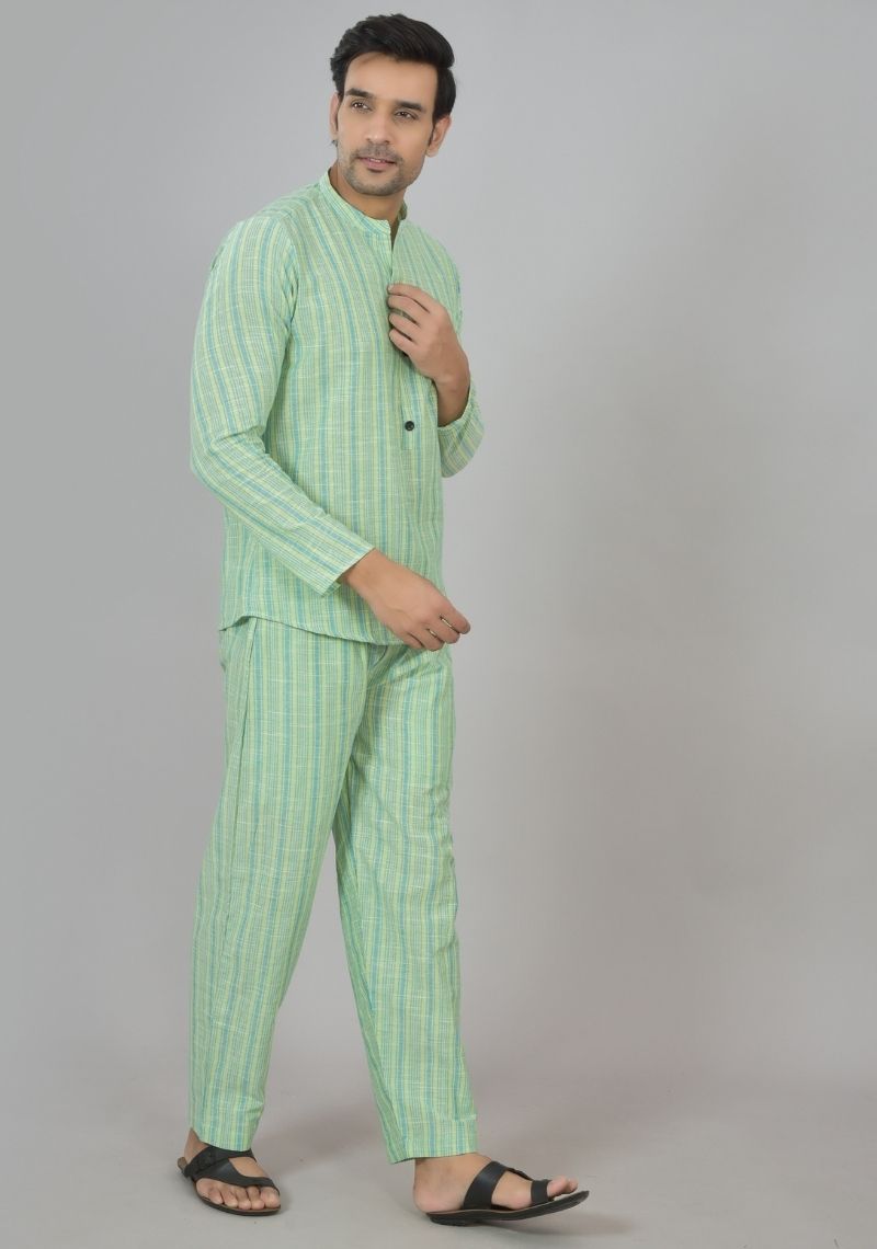 Men Cotton Stripe Co-ord Set Green White-48601