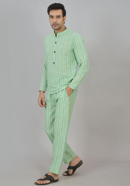 Men Cotton Stripe Co-ord Set Green White-48601