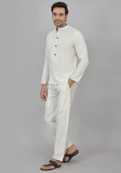 Men Cotton Stripe Co-ord Set White Red-48602