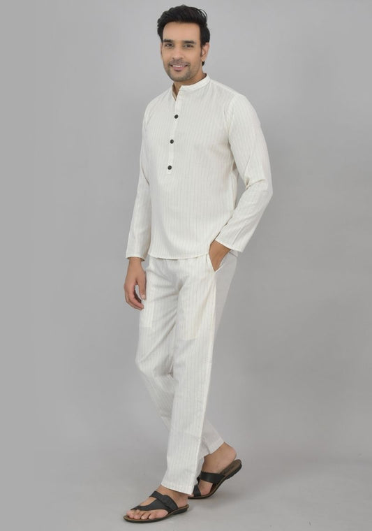 Men Cotton Stripe Co-ord Set White Red-48602