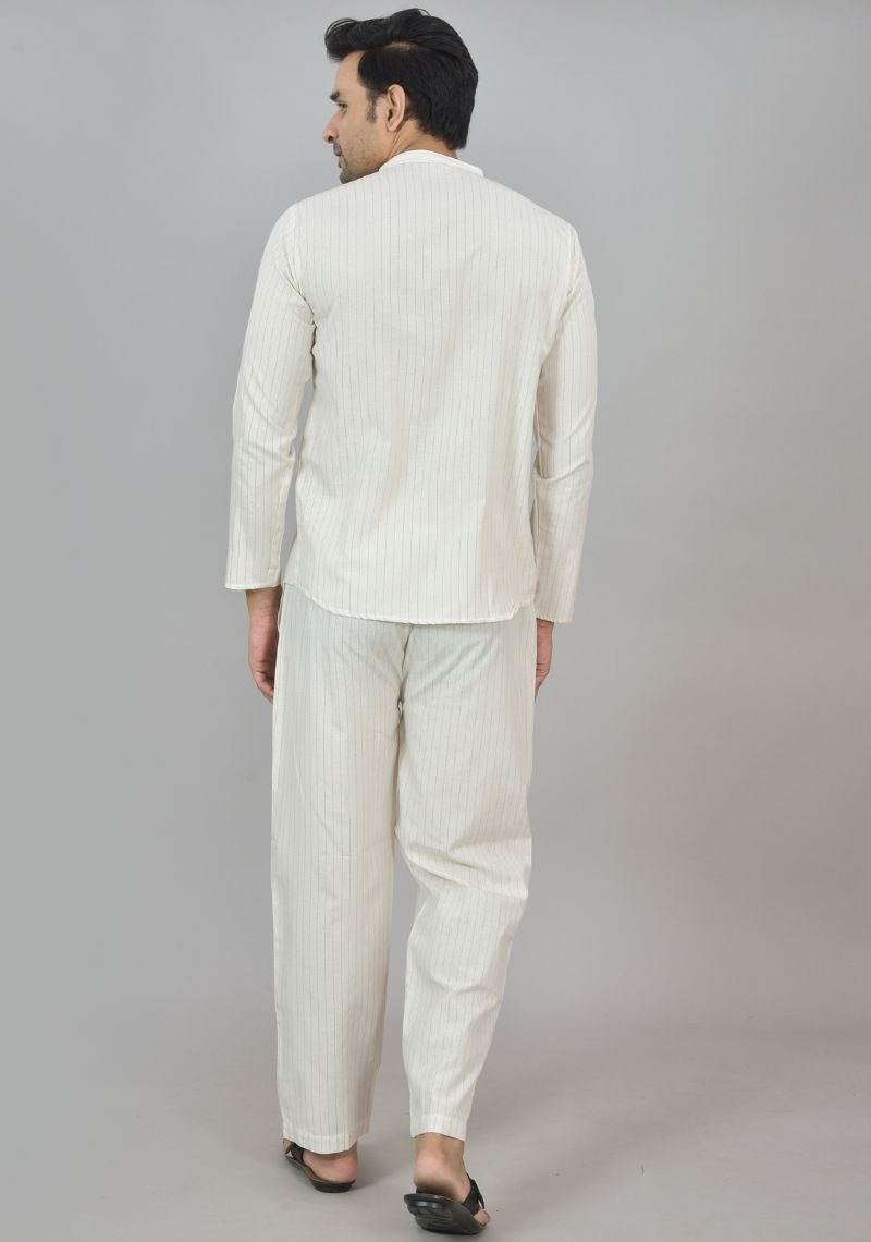 Men Cotton Stripe Co-ord Set White Red-48602