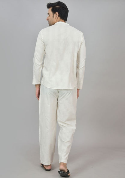 Men Cotton Stripe Co-ord Set White Red-48602