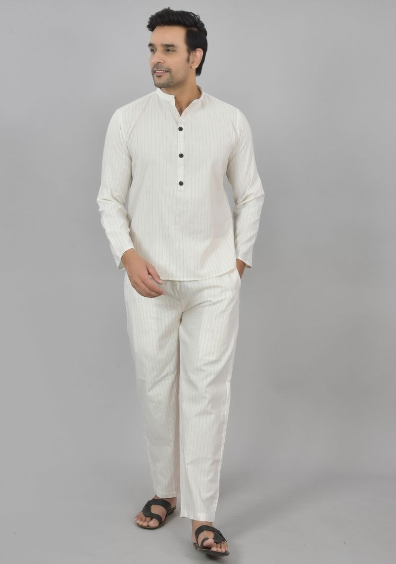 Men Cotton Stripe Co-ord Set White Red-48602