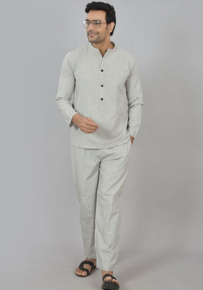 Men Cotton Stripe Co-ord Set White Black-48604
