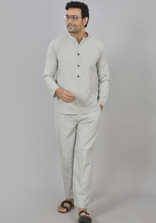 Men Cotton Stripe Co-ord Set White Black-48604