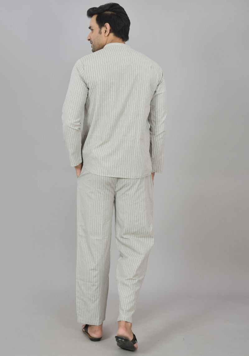 Men Cotton Stripe Co-ord Set White Black-48604