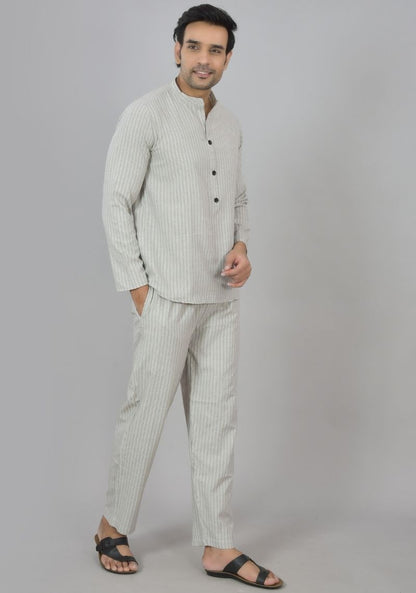 Men Cotton Stripe Co-ord Set White Black-48604