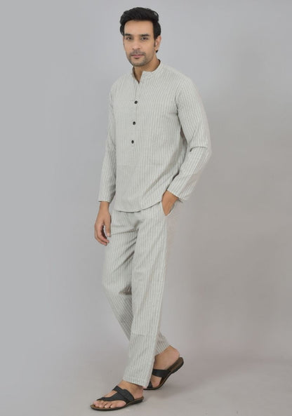 Men Cotton Stripe Co-ord Set White Black-48604