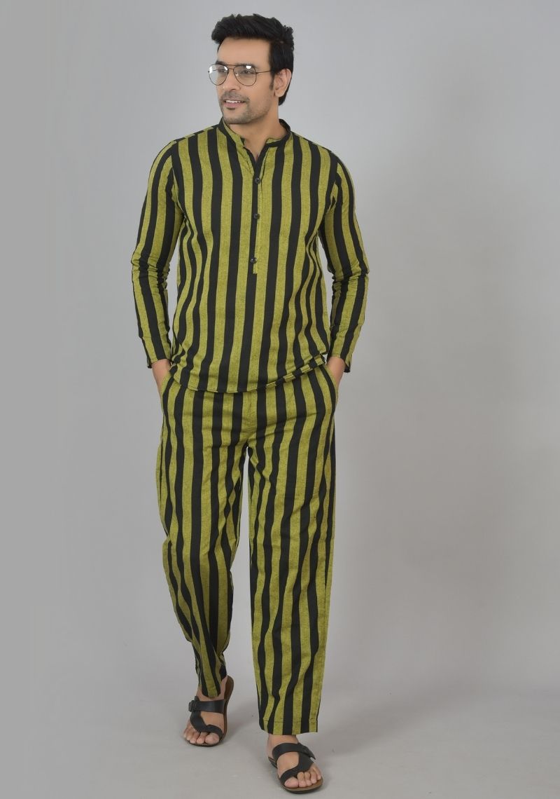 Men Cotton Stripe Co-ord Set Black Olive Green-48605