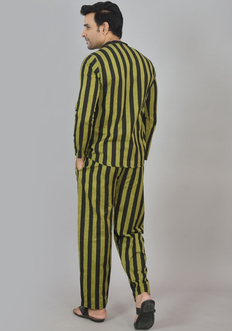 Men Cotton Stripe Co-ord Set Black Olive Green-48605